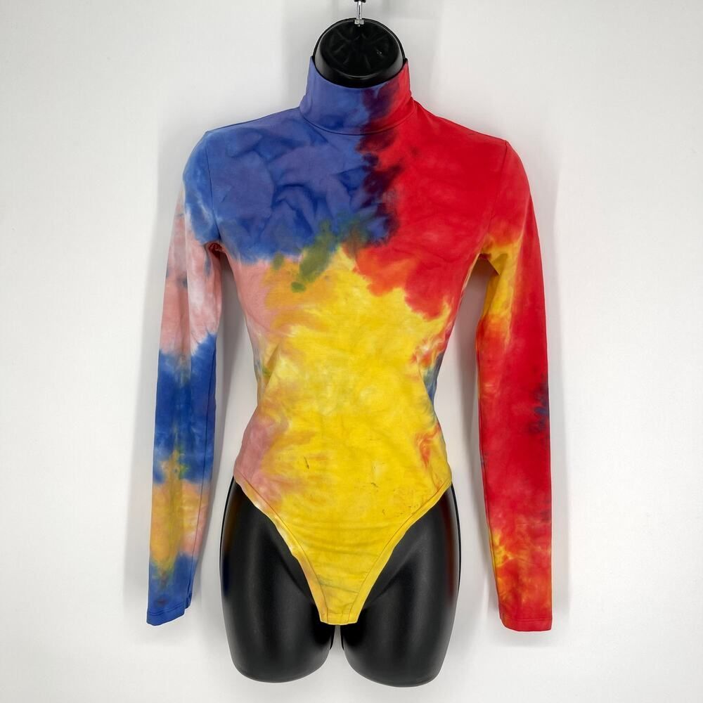 Cotton Citizen NEW Brisbane Tie Dye Thong Bodysuit XS Red Blue Yellow Turtleneck